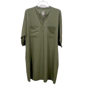 Anne Klein Army Green Linen Blend Oversized Shirt Dress‎ Size 4 Chest Pockets